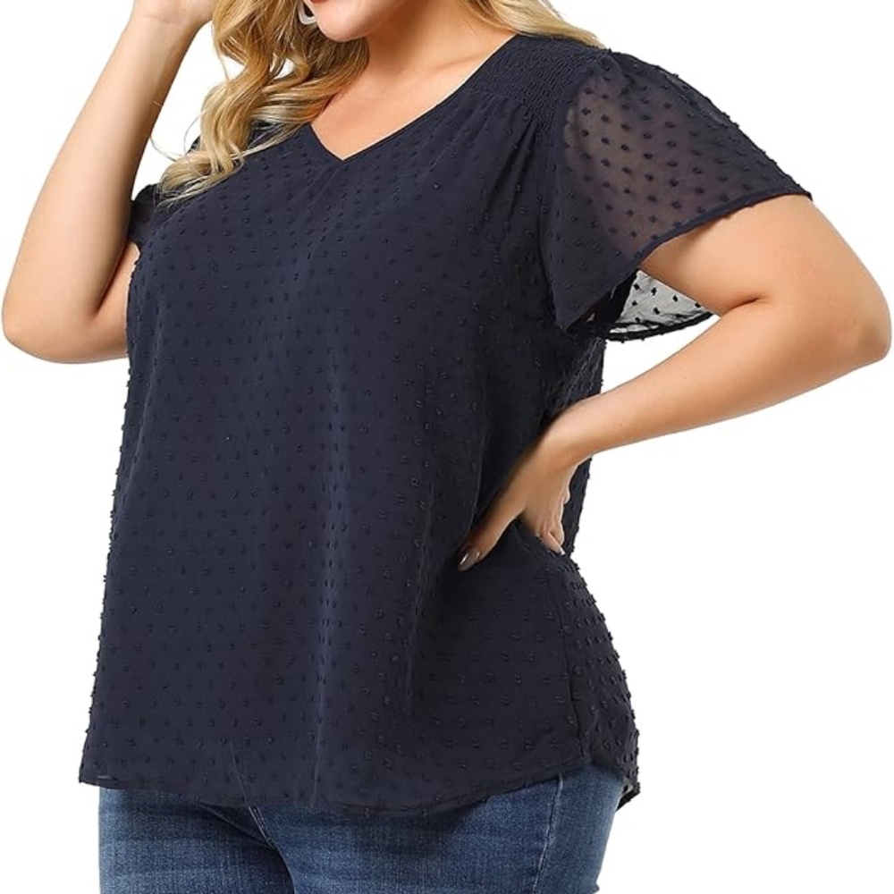 Agnes Orinda Plus Size  Summer Pin Dots Smocked Flare Sleeve Blouses 2X